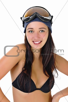 happy young woman in underwear in the goggles