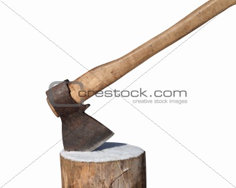 Axe and log isolated on white background