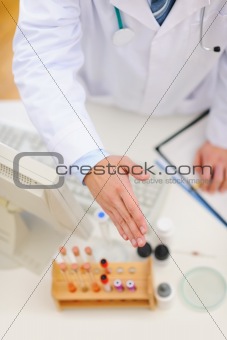 Medical doctor stretching hand for handshake. Top view