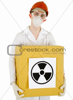 Scientist with a radioactive box