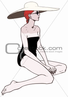 Young sexy woman in swimsuit with a large hat, vector illustration