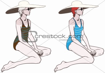 Young sexy women in swimsuit with a large hat, vector illustration
