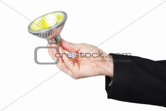 Burning lamp in his hand. On a white background.