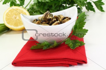 marinated mussels with flat leaf parsley