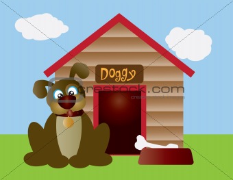 Cute Puppy Dog with Dog House Illustration