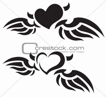 Set of 2 winged heart tattoos. Vector illustration.