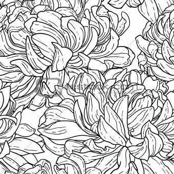 Seamless floral black and white tracery pattern with hand-drawn chrysanthemum flower isolated on white