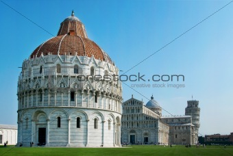 Baptistry, Pisa, Italy, with the Cathedral and Leaning Tower.