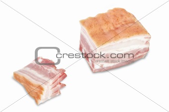 Cut a piece of ham slices. On a white background.
