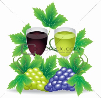glasses of red and white wine grapes on the background branches