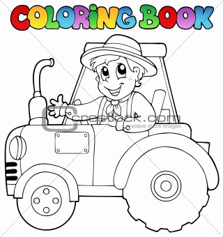 Coloring book farmer on tractor