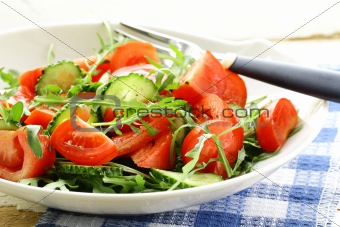 fresh arugula salad with tomatoes, cucumbers in a white plate