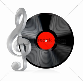 Vector vinyl record plate with treble clef on white