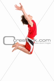 Leaping child hands stretched to sky