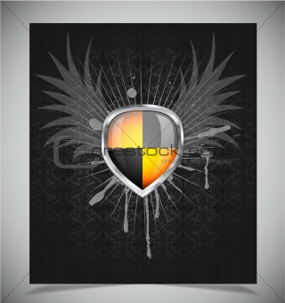 Glossy black and yellow shield emblem on black background