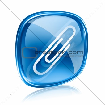 Paperclip icon blue glass, isolated on white background