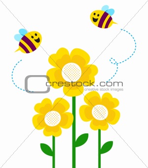 Cute little bees flying around flowers