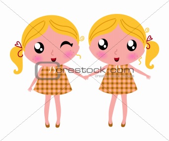 Cute little retro twins isolated on white