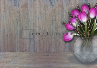 Purple tulips in a wase wooden texture background