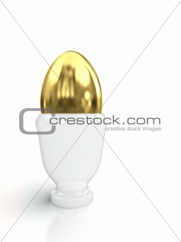 Golden egg in egg cup isolated on white background.