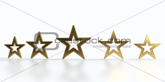 Five golden stars isolated on white background.