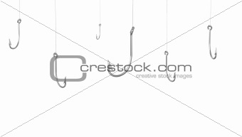 A lot of fishing hooks, isolated on white background
