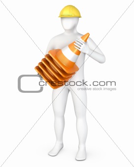 Worker with a stack of road cones