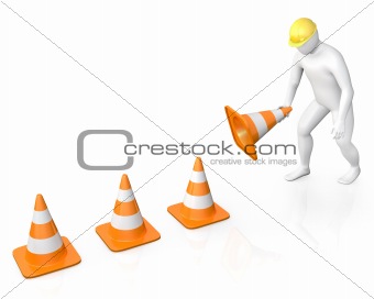 Abstract white guy places road cones