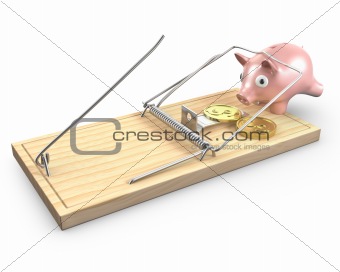 Piggy bank caught in a mouse trap