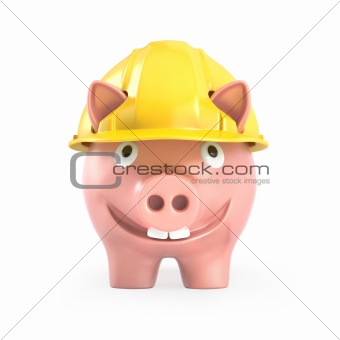 Piggy bank wears yellow helmet, front view
