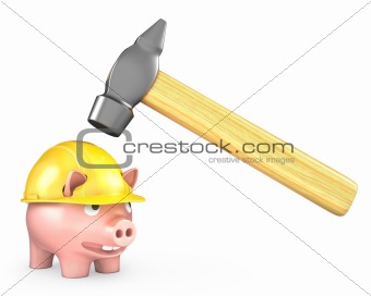 Piggy bank in yellow helmet under large hammer