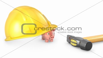 Piggy bank looks out of large helmet
