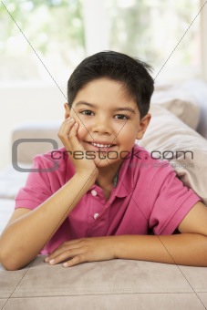 Young Boy Reading Book At Home