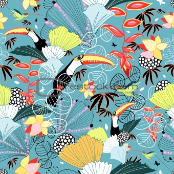 Tropical texture with toucans and hummingbirds