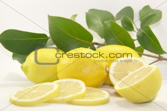 Sliced juicy lemon with leaves