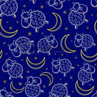 Cute White Sheep Silhouettes and Yellow Moon Seamless Pattern on Dark Blue Background