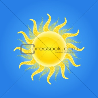 Yellow Shiny Sun Icon with Pattern Ornament on Beams in Blue Sk. Vector