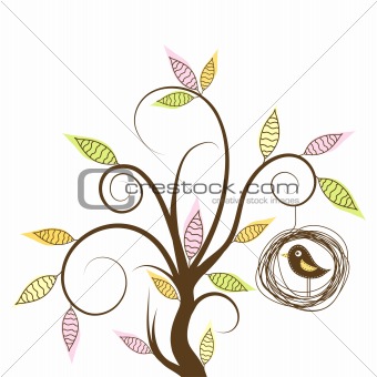 Decorative tree and bird, vector