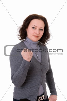 woman in the gray cardigan