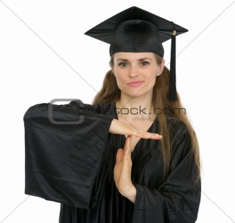 Graduation student woman showing break gesture