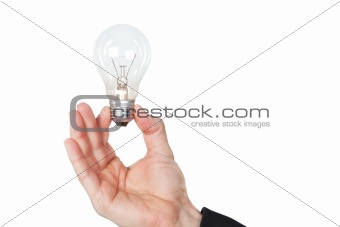 A man holding a lamp in her hand. On a white background.