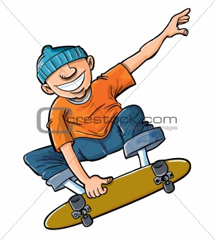 Cartoon of boy jumping on his skateboard.