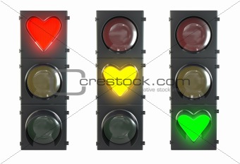 Set of traffic light with heart shaped red, yellow and green lam
