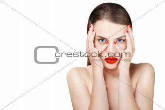 Beautiful fashion portrait of female face with red lips