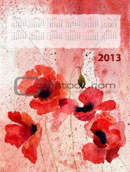 Retro Stylized calendar with Poppy flowers