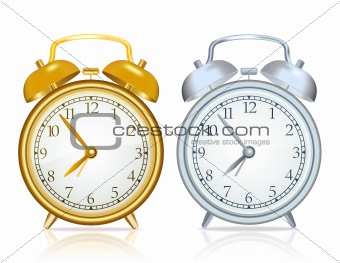Gold alarm clock and silver alarm clock on white background
