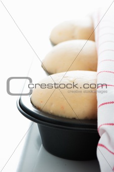 Yeast dough in a muffin pan with a white and red towel on white 