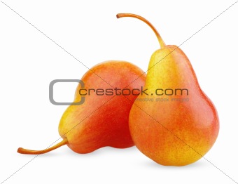 Two ripe red-yellow pear fruits