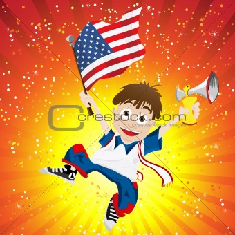 United States of America Sport Fan with Flag and Horn
