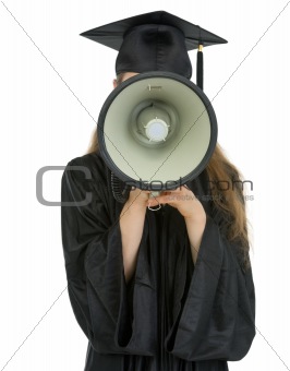 Graduation student speaking megaphone into camera